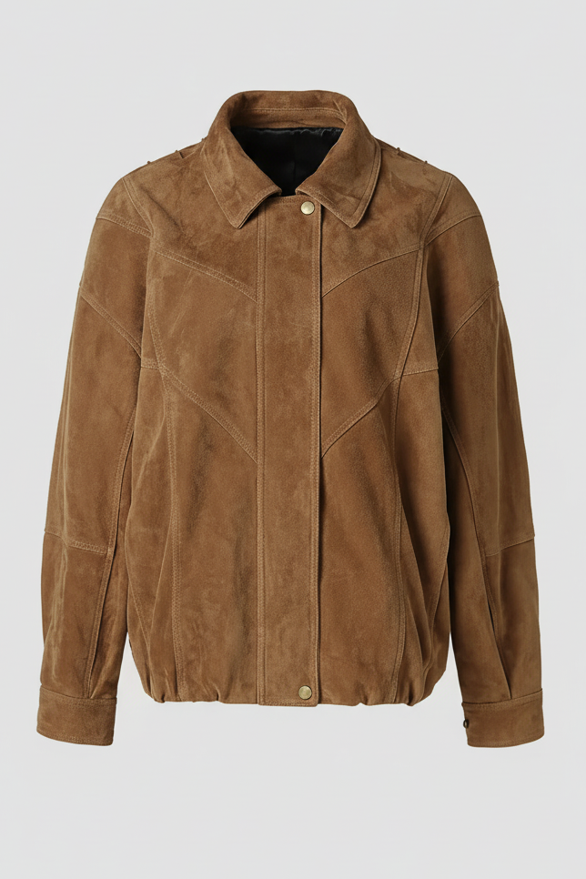 SLOANE suede leather bomber jacket women camel suede leather bomber coat front view