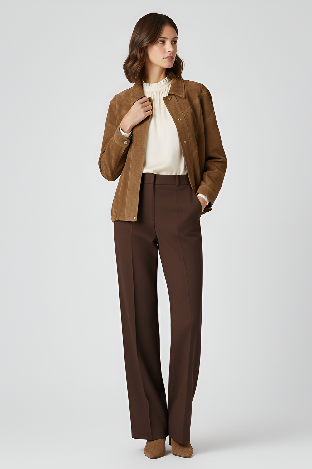 SLOANE camel suede leather bomber jacket women relaxed fit suede jacket outfit styling