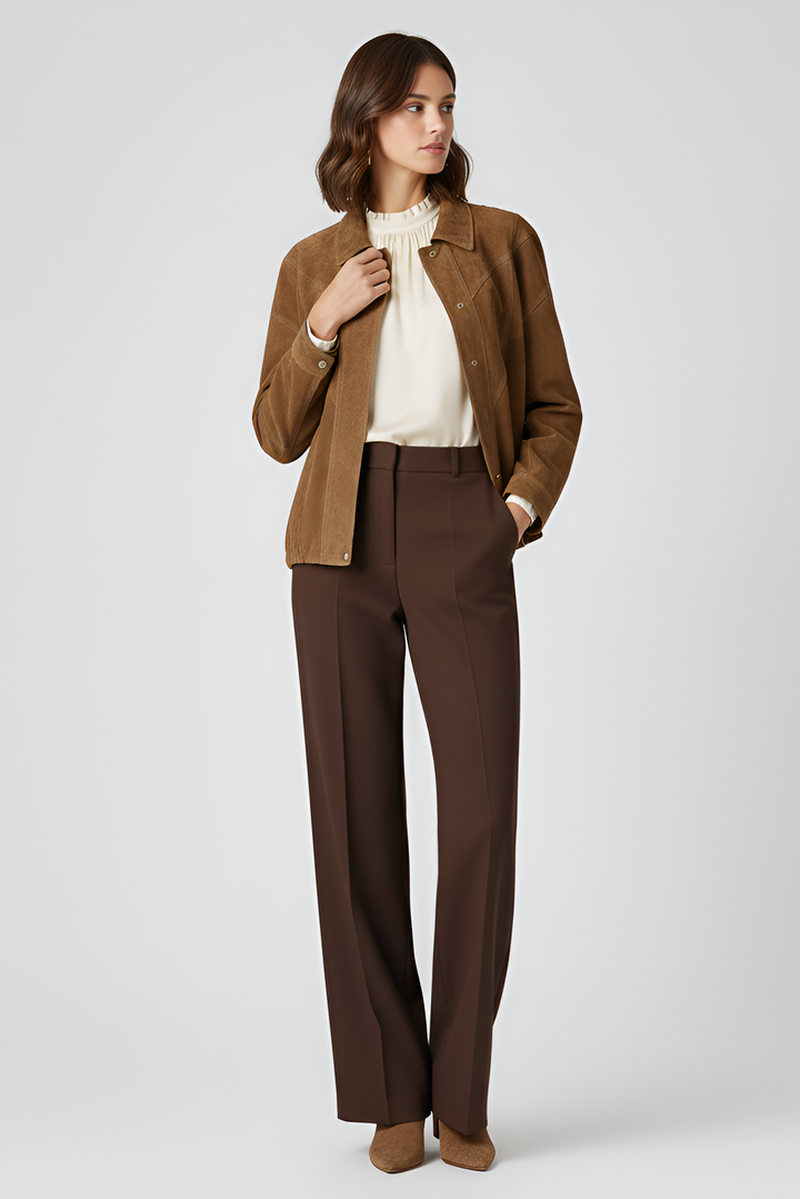 SLOANE camel suede leather bomber jacket women relaxed fit suede jacket outfit styling