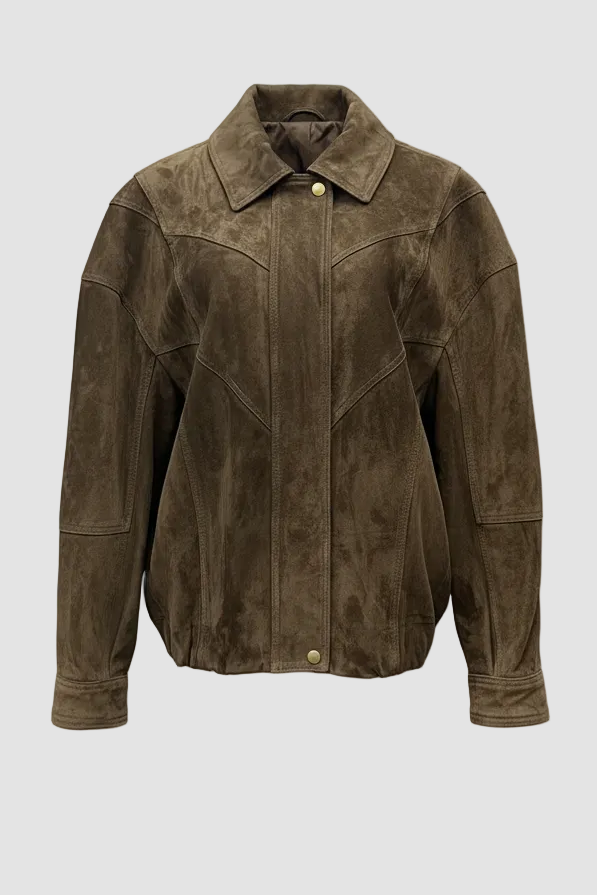 SLOANE suede leather bomber jacket women dark brown suede bomber coat front view