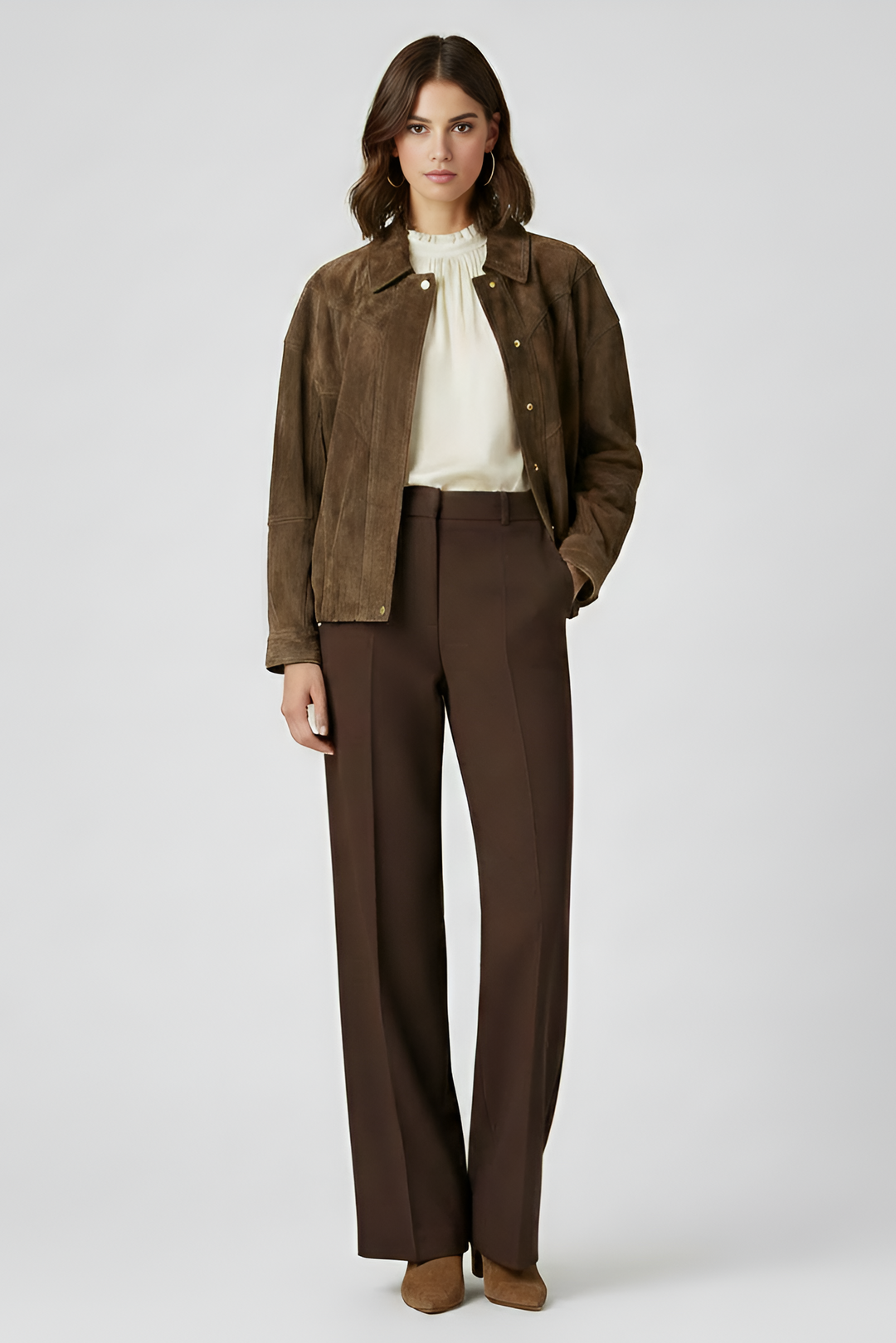 SLOANE dark brown suede leather bomber jacket women front view casual luxury suede jacket outfit
