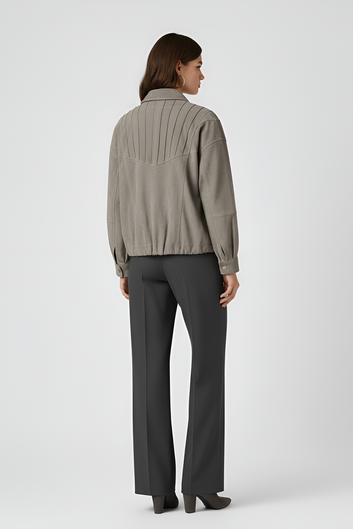 SLOANE grey suede leather bomber jacket women back view casual luxury suede bomber coat