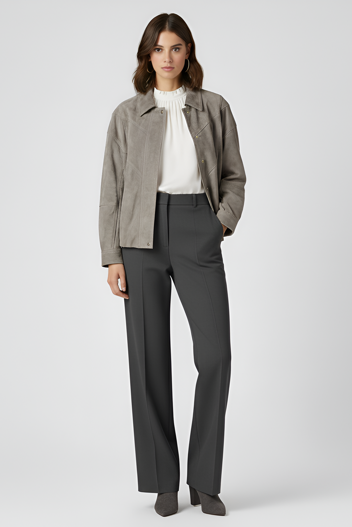 SLOANE grey suede leather bomber jacket women front view relaxed fit suede jacket outfit