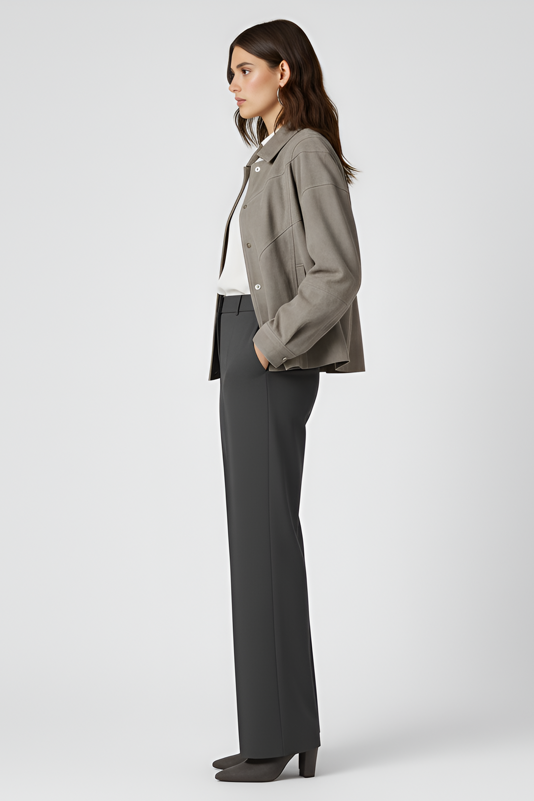 SLOANE grey suede leather bomber jacket women side profile relaxed suede jacket styling