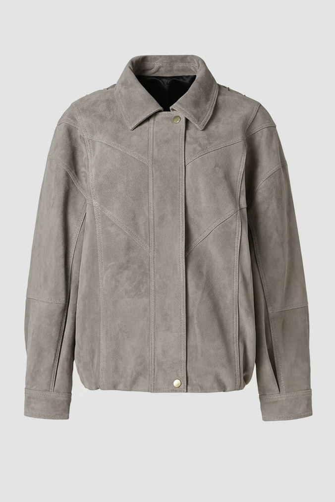 SLOANE suede leather bomber jacket women light grey suede bomber coat front view