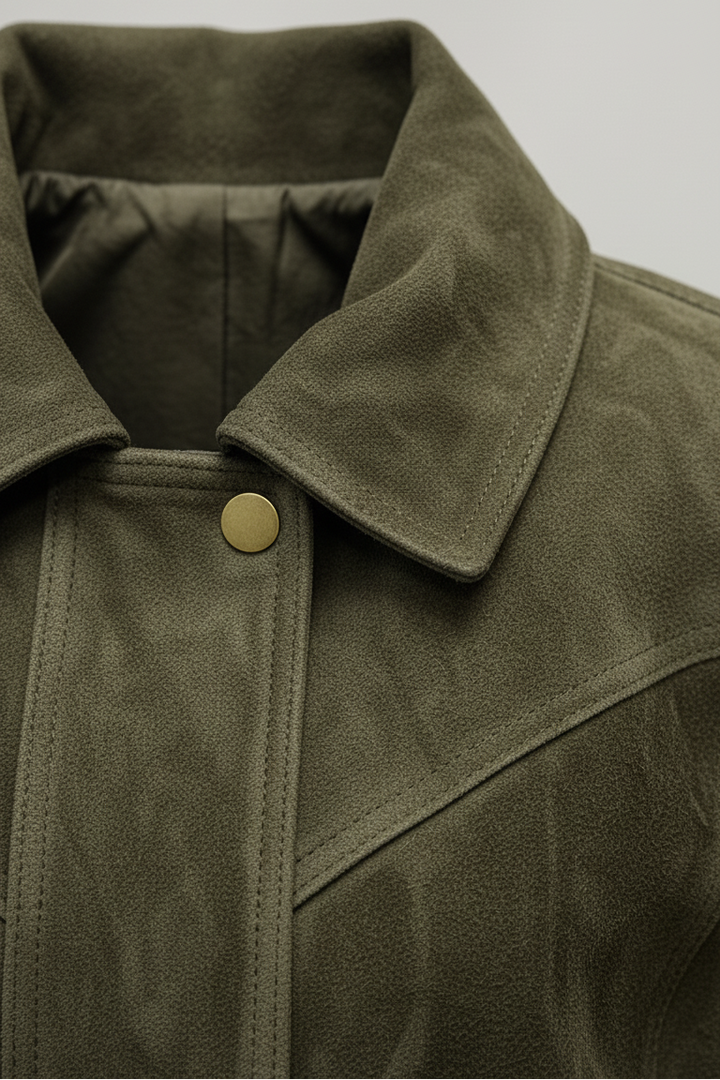 SLOANE olive suede leather bomber jacket women collar detail premium suede leather jacket