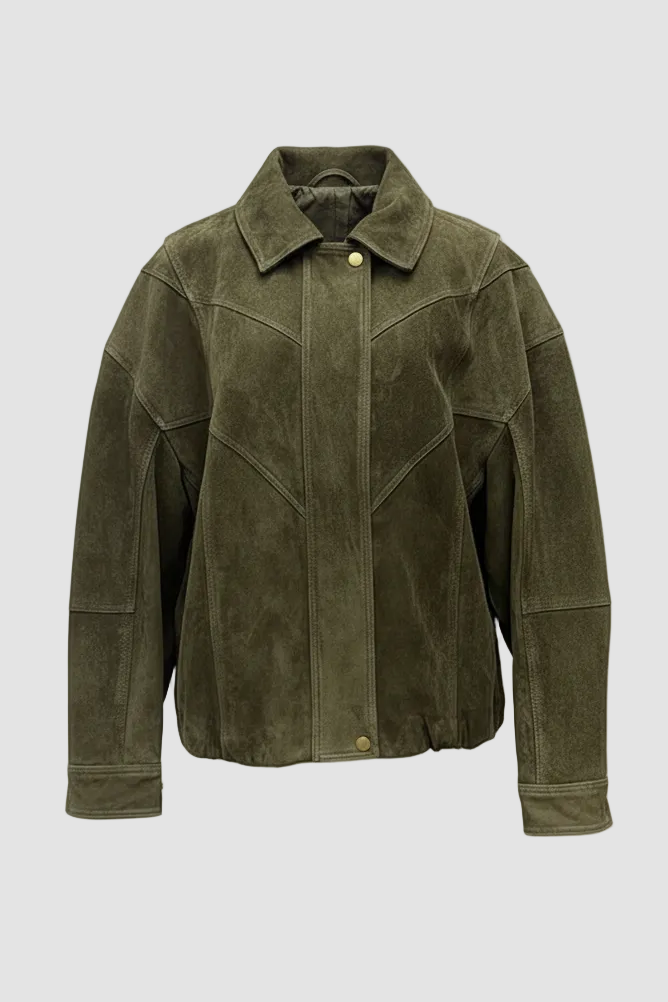SLOANE suede leather bomber jacket women olive green suede bomber coat front view