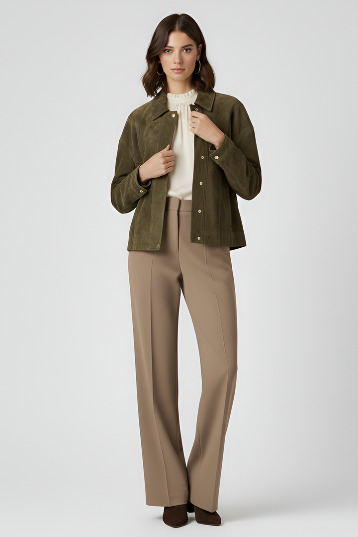 SLOANE olive suede leather bomber jacket women casual suede bomber jacket outfit styling