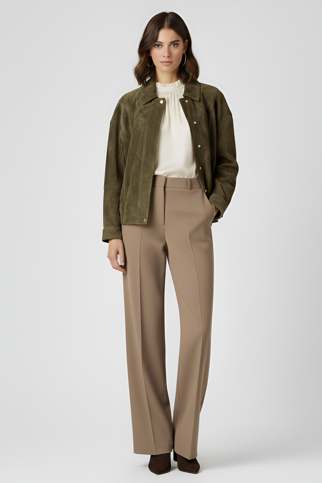 SLOANE olive suede leather bomber jacket women relaxed fit luxury suede bomber coat outfit