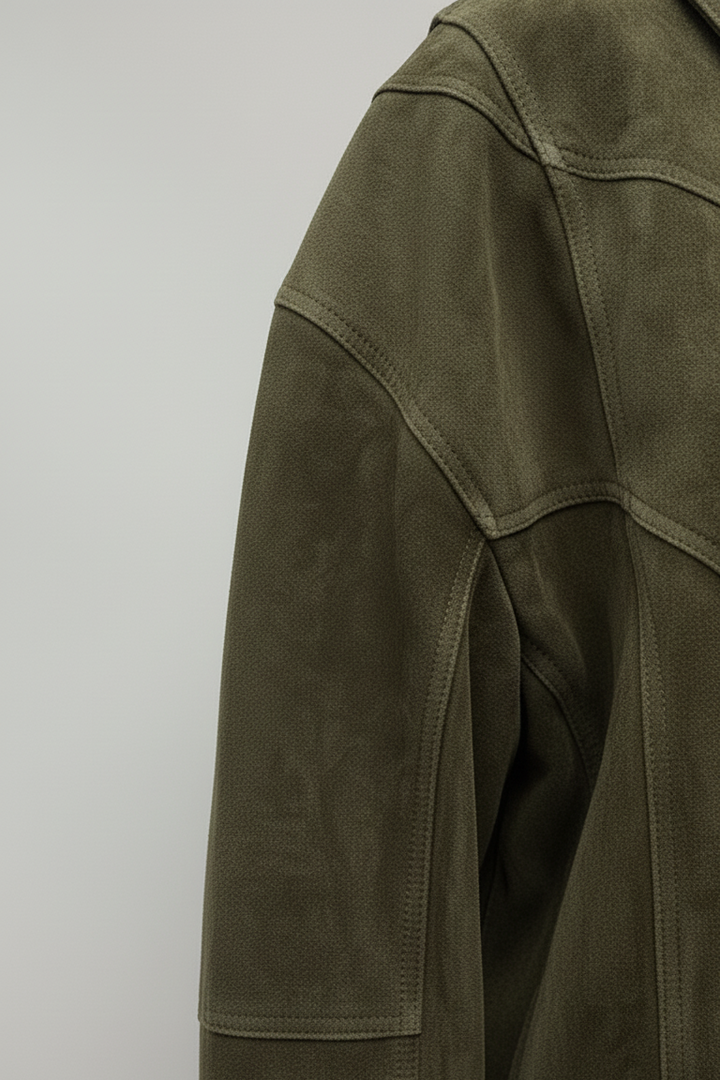 SLOANE olive suede leather bomber jacket women shoulder seam detail suede leather texture