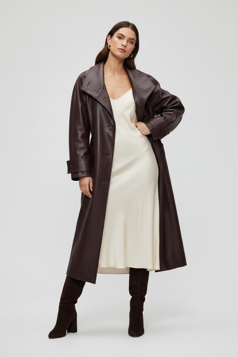 SOLANGE - Long Genuine Le - burgundy leather, double-breasted, belted
