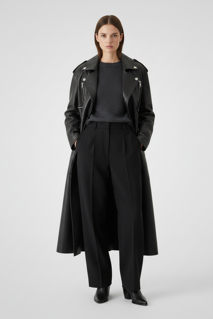 SOPHIE - Belted Long Vege - Modern Old-Money Elegance, hand in pockets