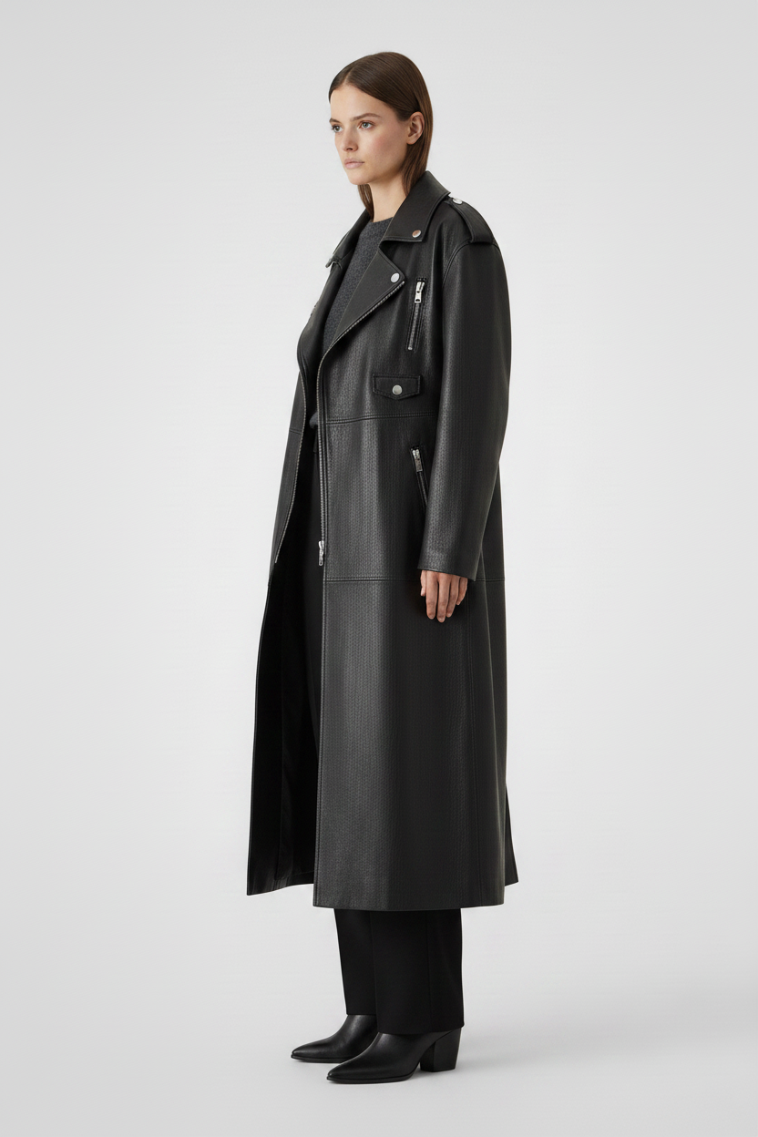SOPHIE - Belted Long Vege - Side Profile view studio quiet luxury
