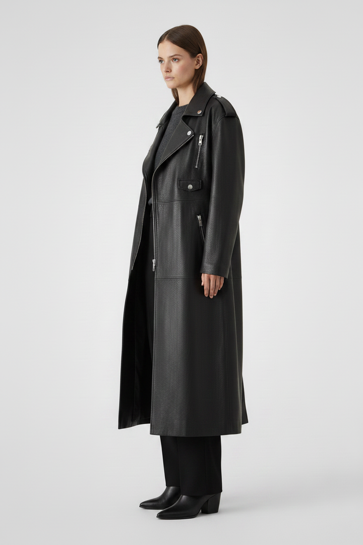 SOPHIE - Belted Long Vege - Side Profile view studio quiet luxury