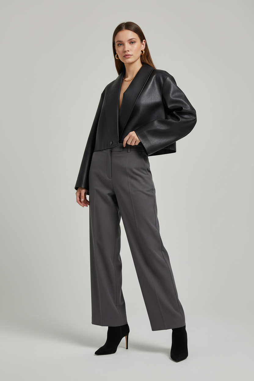 SYLVIANE - Cropped Sheepskin - black faux leather, bell sleeves, wide collar, cropped jacket