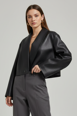 SYLVIANE - Cropped Sheepskin Leather Jacket with Shawl Collar