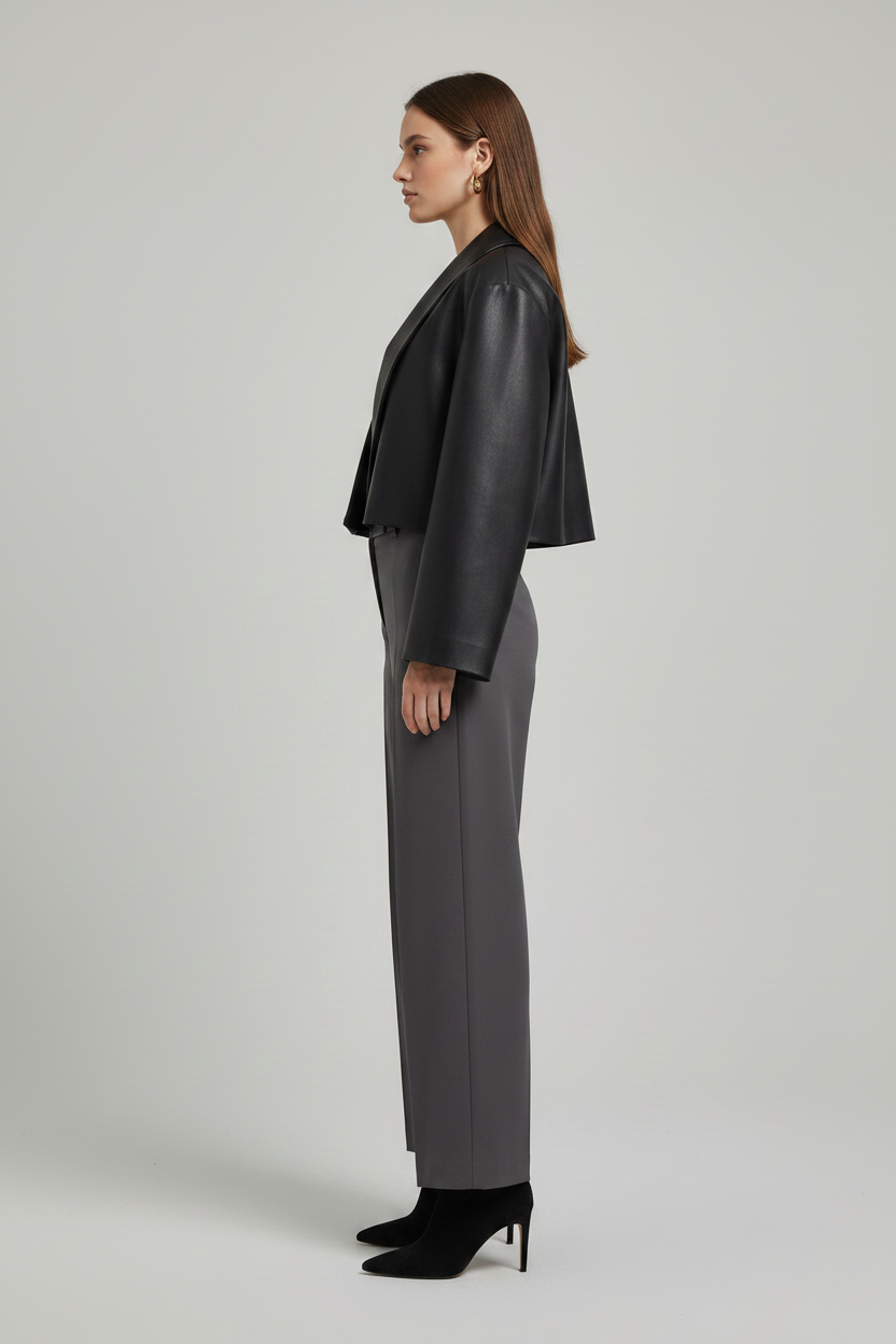 SYLVIANE - Cropped Sheepskin - black faux leather, wide collar, bell sleeves, side profile