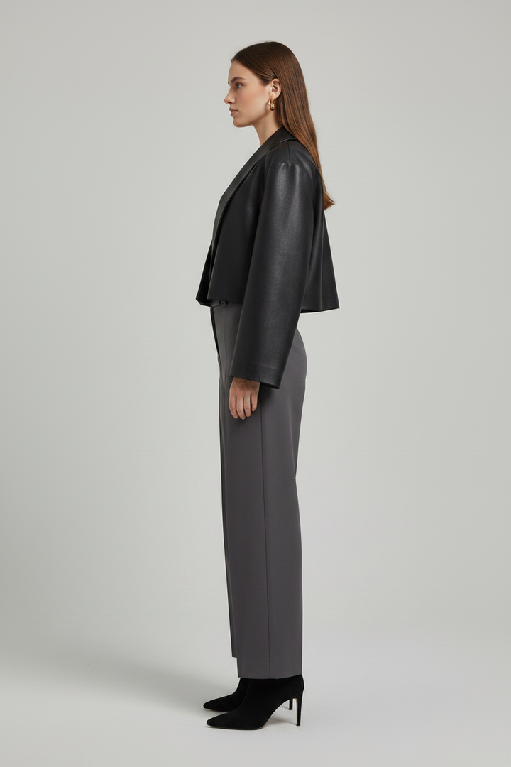 SYLVIANE - Cropped Sheepskin - black faux leather, wide collar, bell sleeves, side profile