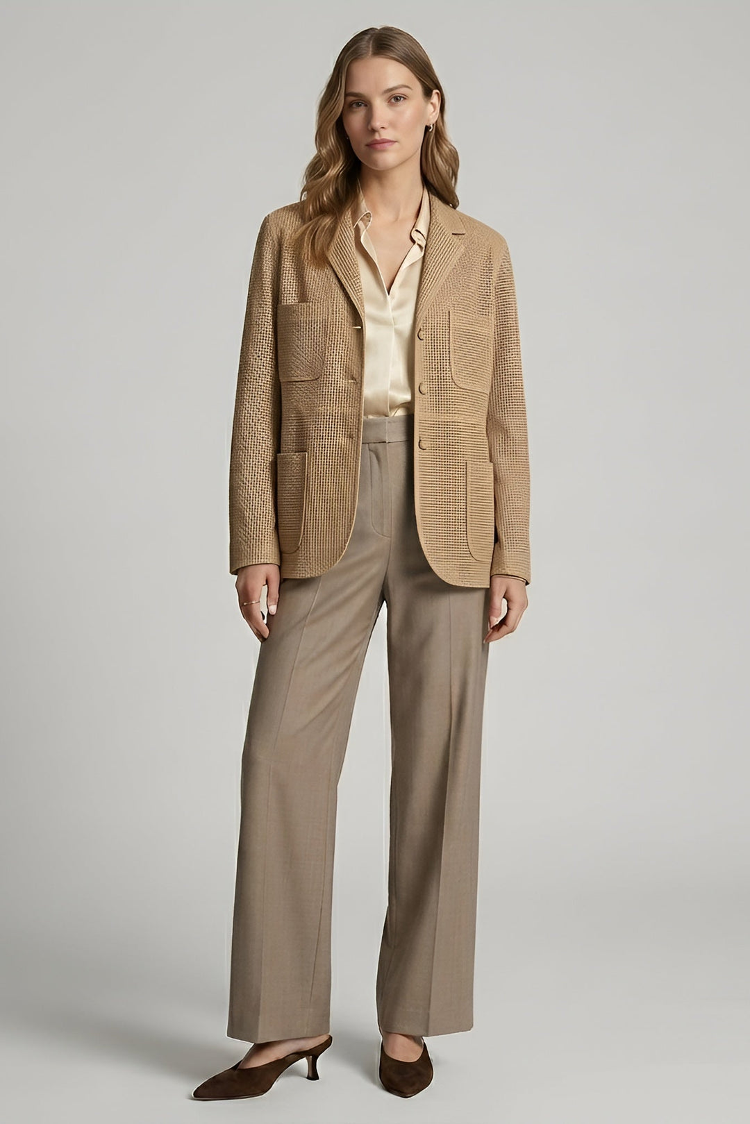 TATUM suede leather blazer women beige front elegant tailored blazer