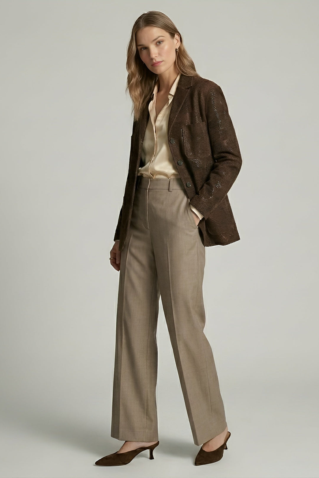 TATUM suede leather blazer women brown angled pose minimalist outfit