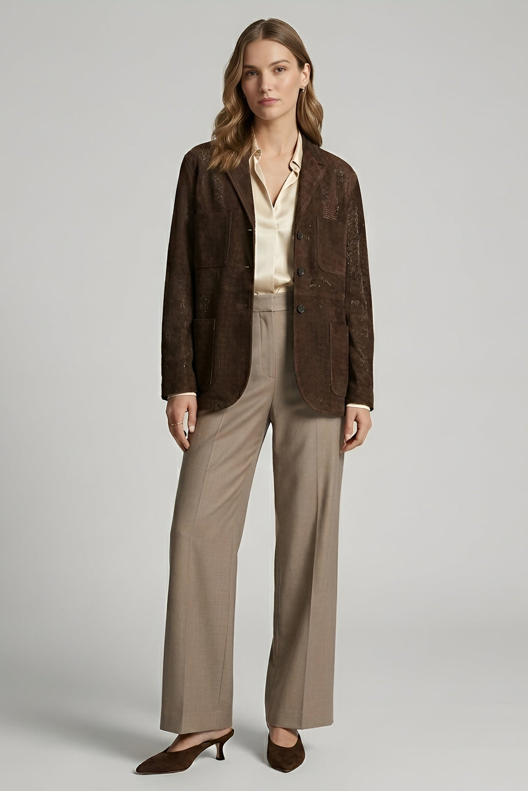 TATUM suede leather blazer women brown front classic fitted blazer