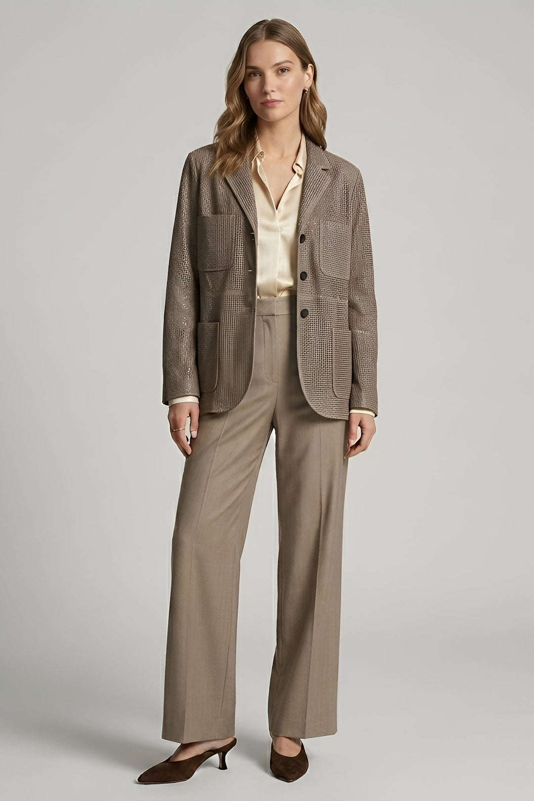 TATUM suede leather blazer women taupe front soft textured blazer