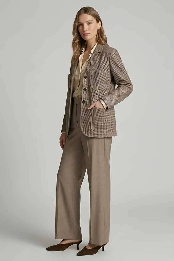 TATUM suede leather blazer women taupe side profile tailored fit