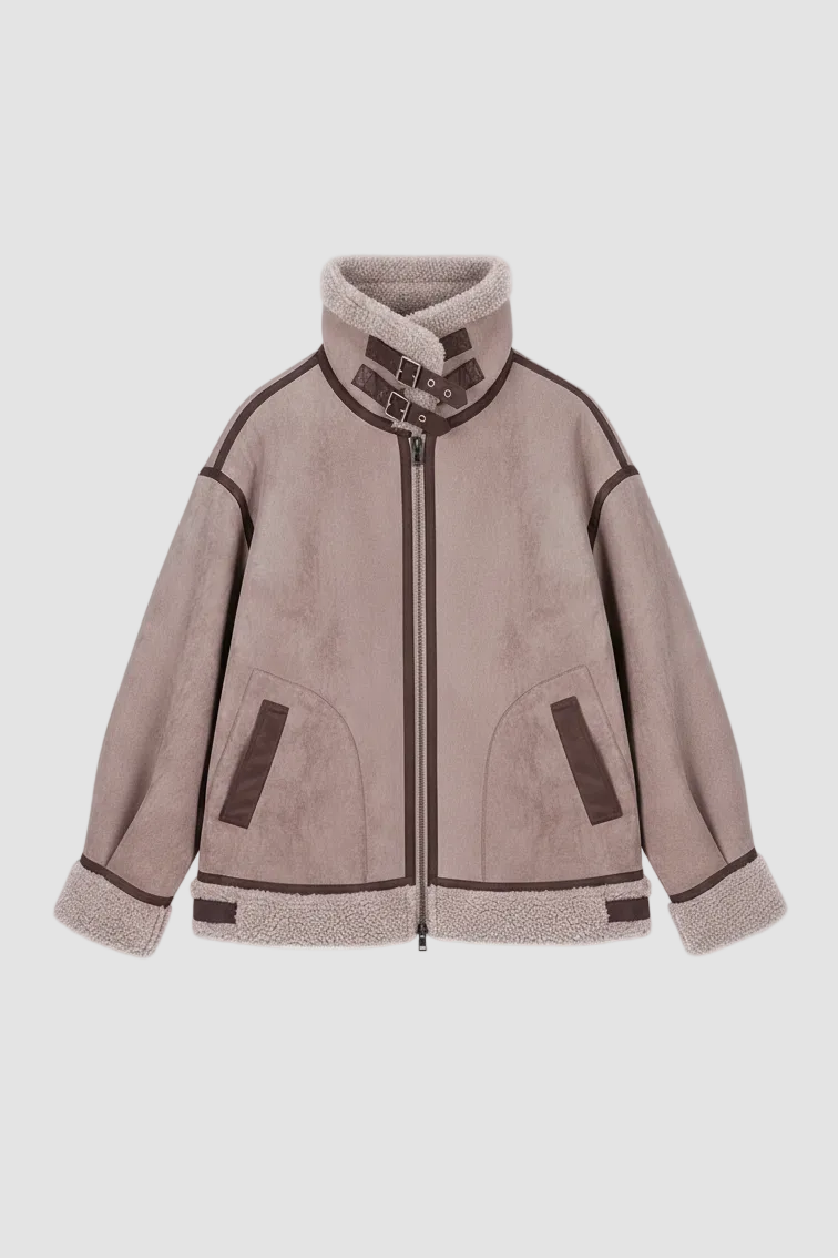 Taupe bomber jacket with high buckle-fastened collar, central zipper, dark trim, angled pockets, and shearling lining."
Name: taupe-buckle-collar-bomber