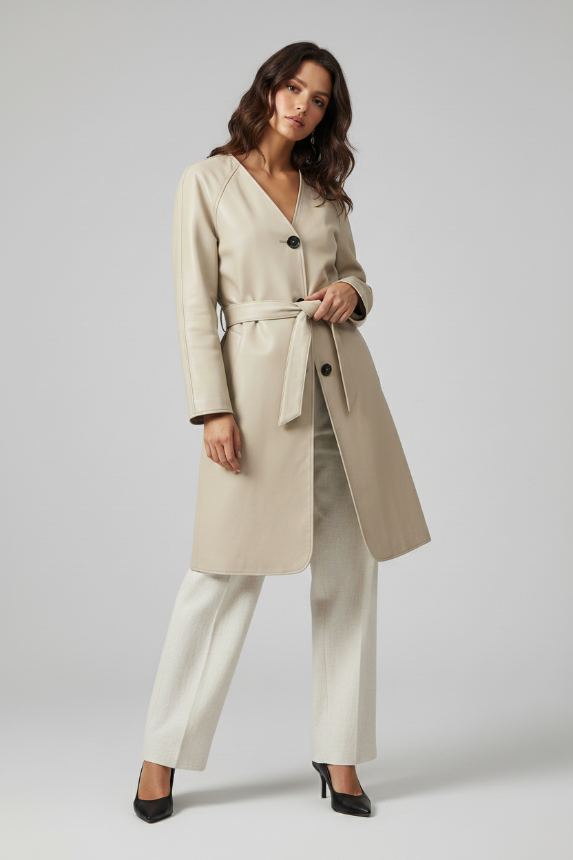 TAYLORA - Belted V-neck beige leather trench coat, full body shot