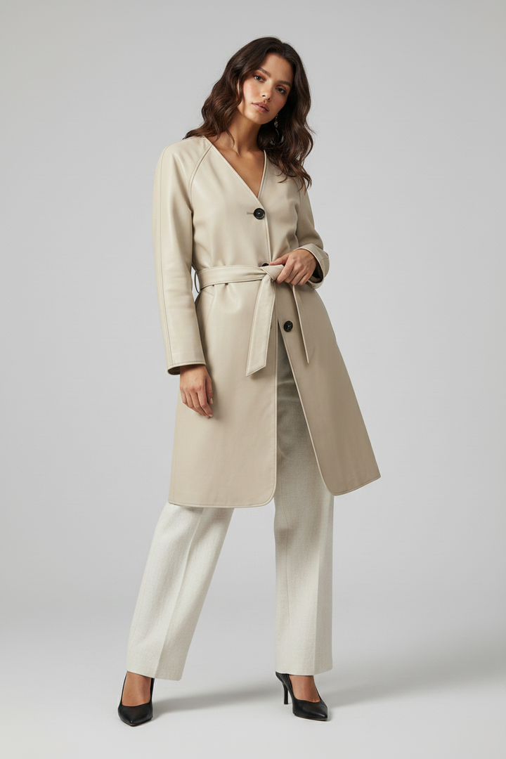 TAYLORA - Belted V-neck beige leather trench coat, full body shot