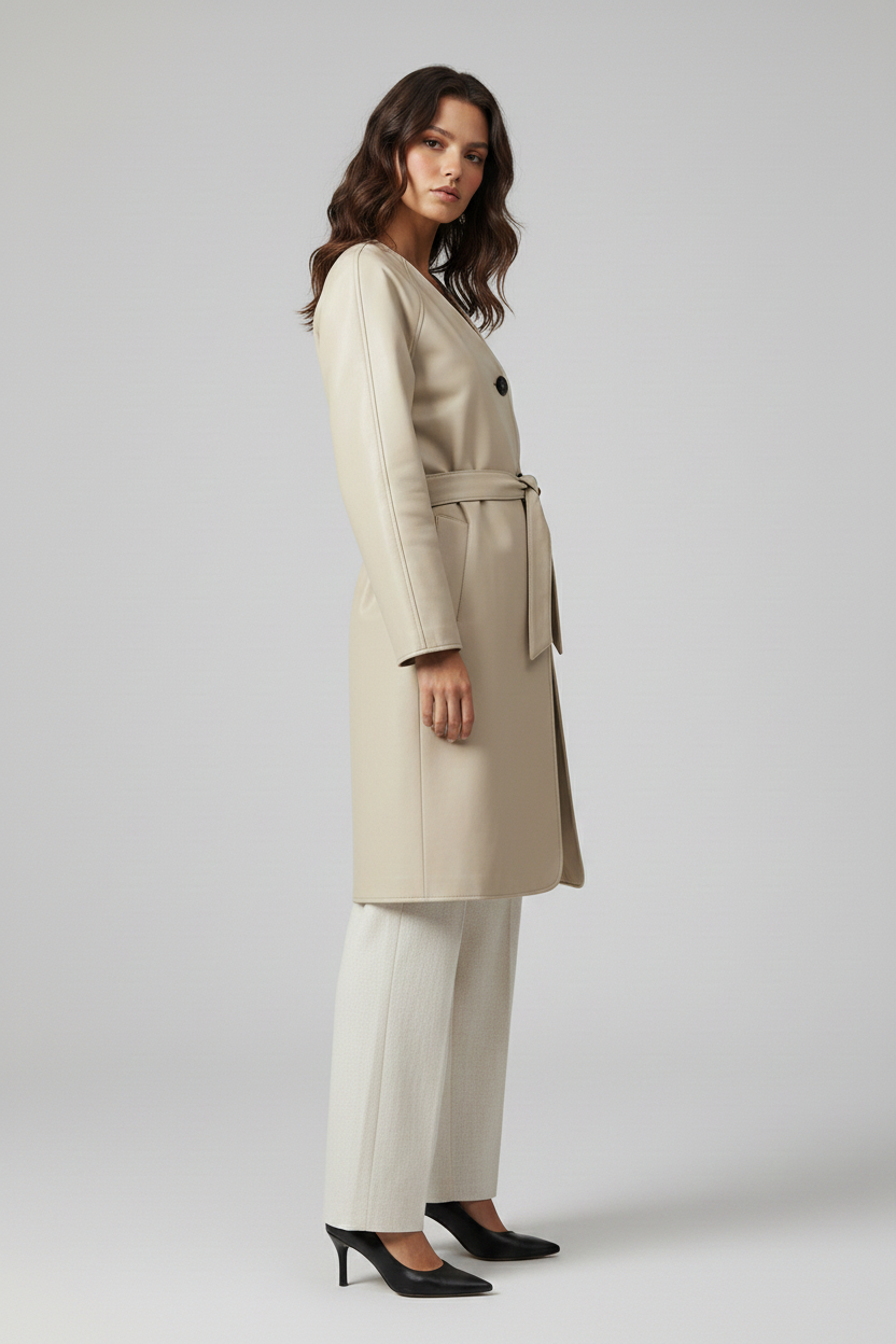 TAYLORA - Belted V-neck beige leather trench coat, side profile view
