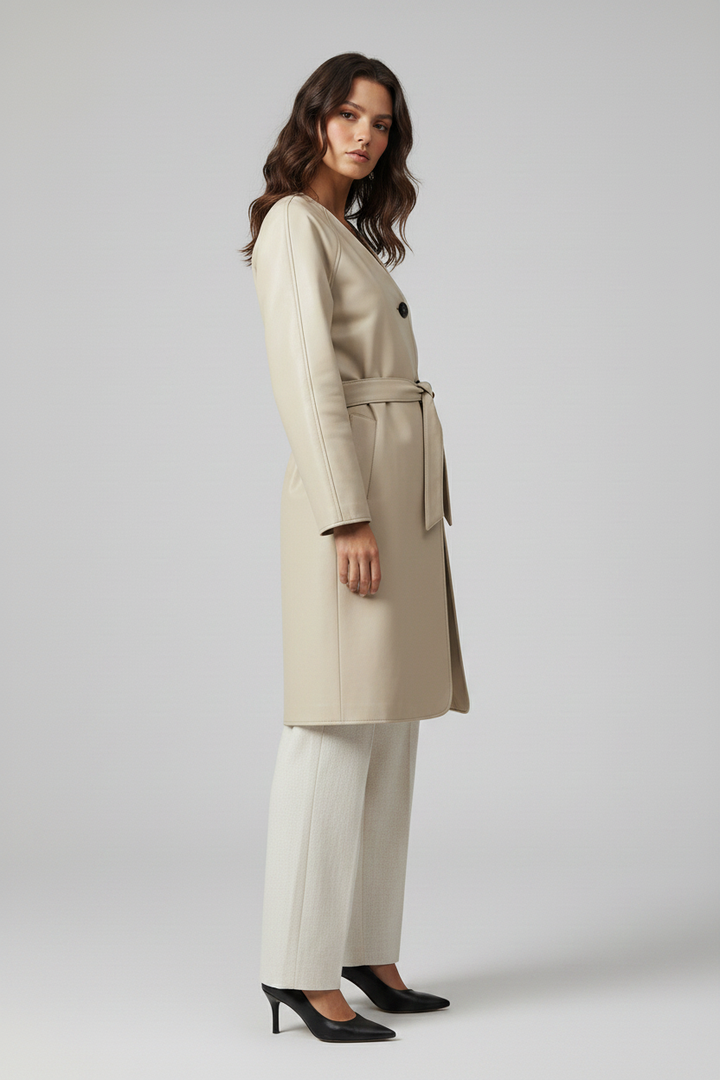 TAYLORA - Belted V-neck beige leather trench coat, side profile view