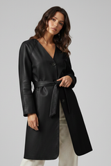 TAYLORA - Belted V-Neck Leather Trench Coat