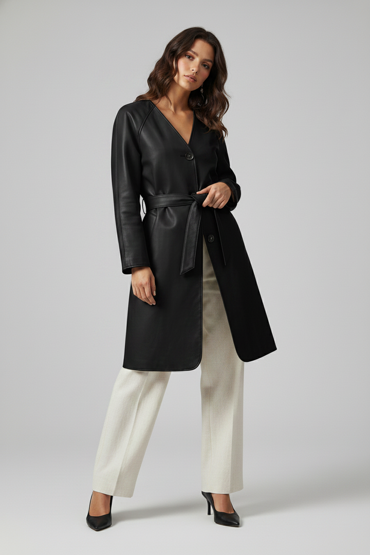 TAYLORA - Belted V-Neck L - black jacket, studio, quiet luxury, full body shot
