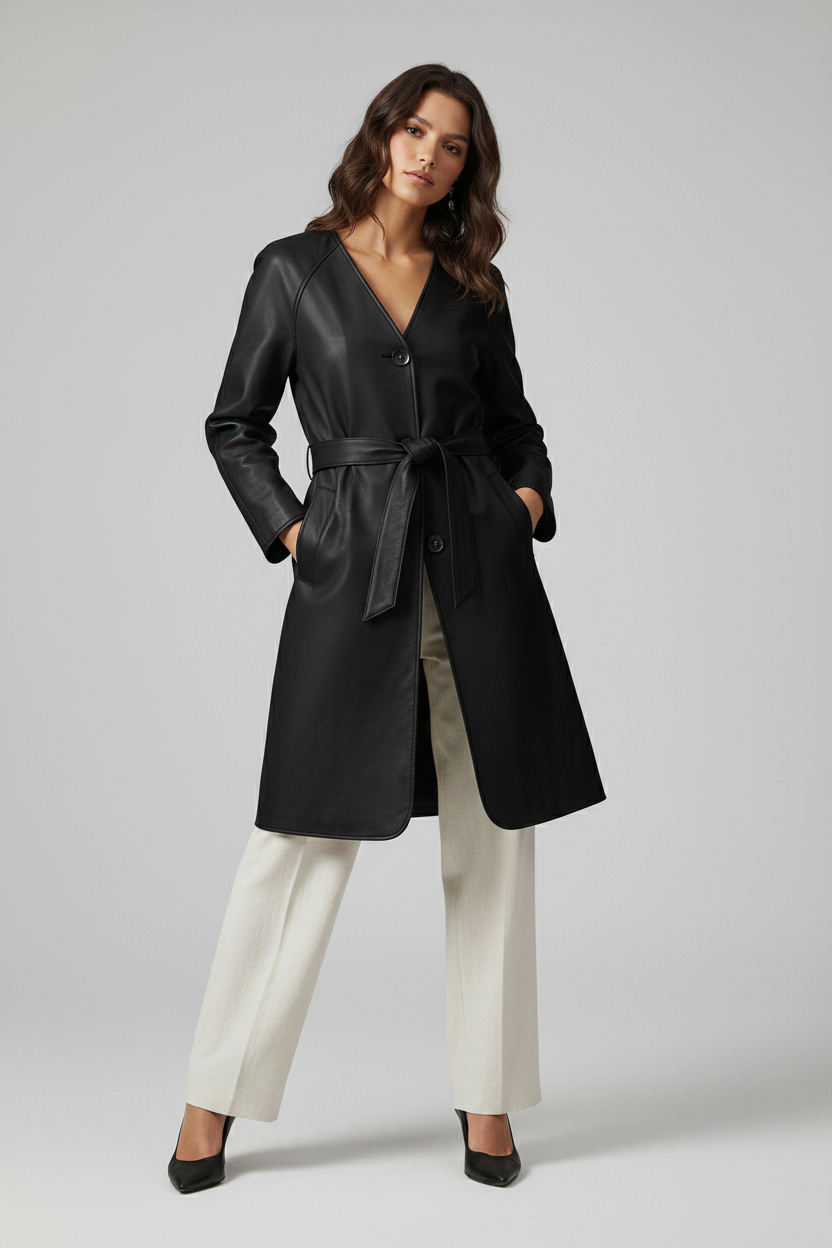 TAYLORA - Belted V-neck black leather trench coat, hands in pockets