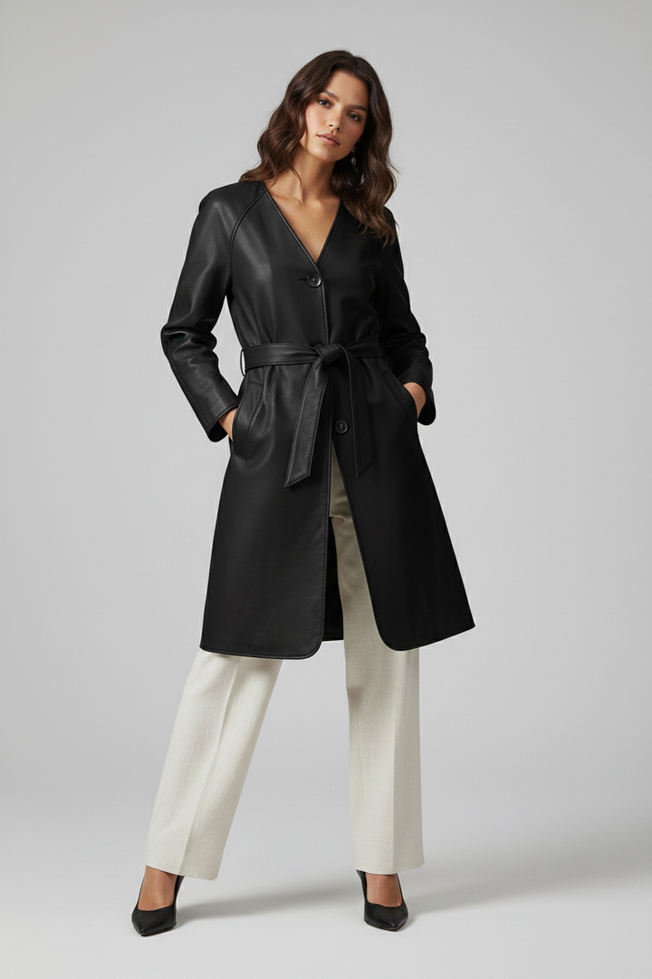TAYLORA - Belted V-neck black leather trench coat, hands in pockets