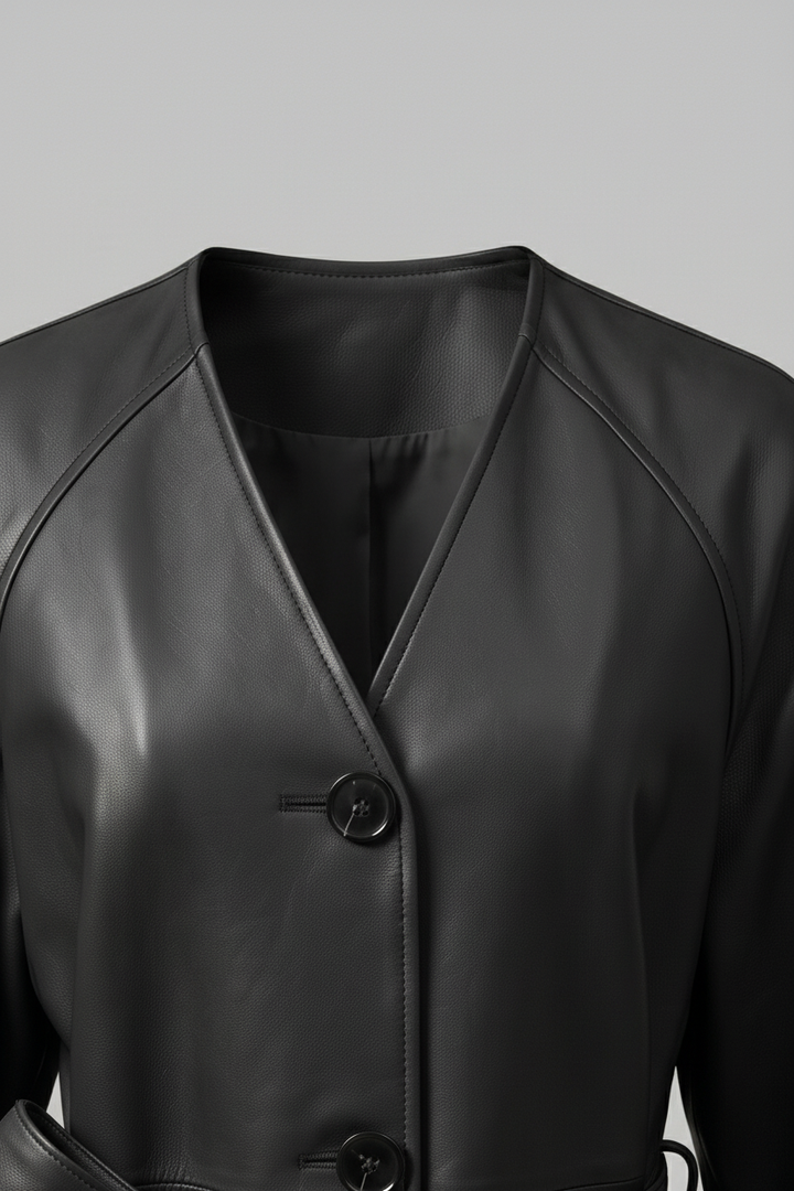 TAYLORA - Belted V-Neck L - collar closure, buttons, stitching
