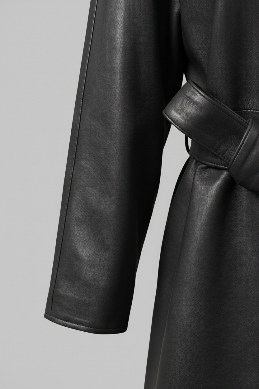 TAYLORA - Belted V-Neck L - Sleeve detail, cuff texture, fabric stitching, luxury textile