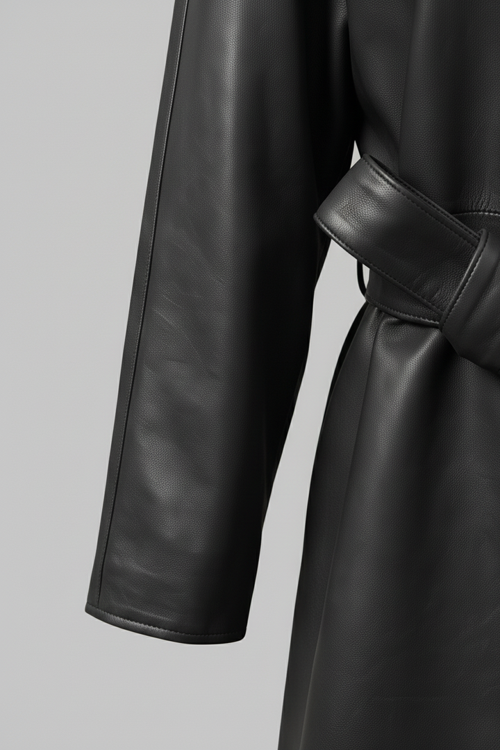 TAYLORA - Belted V-Neck L - Sleeve detail, cuff texture, fabric stitching, luxury textile