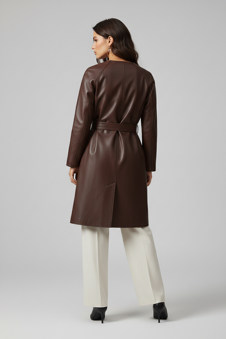TAYLORA - Belted V-Neck Leather - dark brown jacket, quiet luxury, rear view