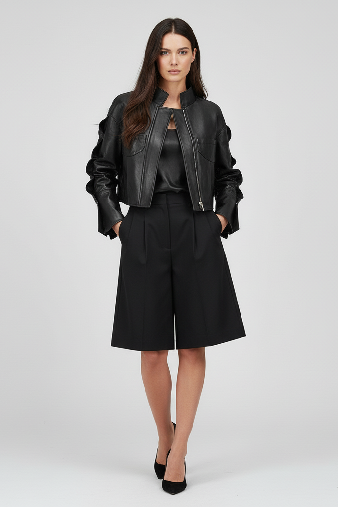 TINSLEY - Wavy Sleeve Sheepskin - black high-waisted wide-leg shorts