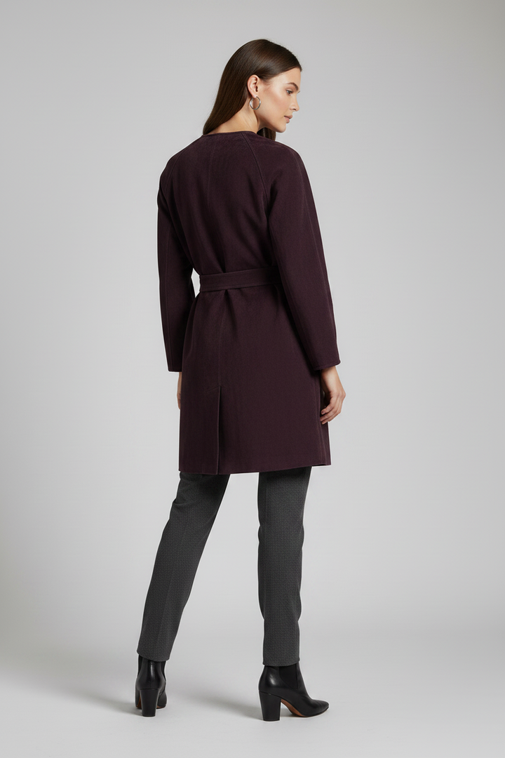 VALENTINE - Long V-Neck Suede - Plum suede belted trench, rear view