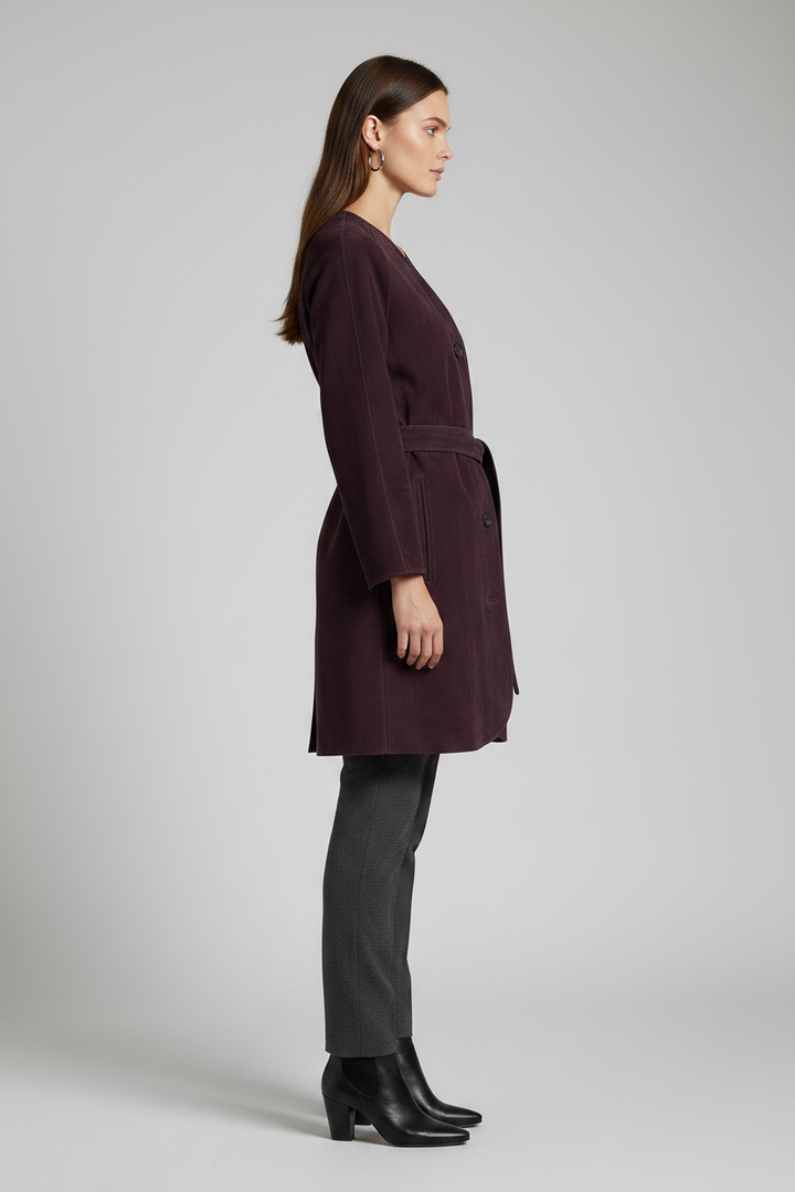 VALENTINE - Long V-Neck - Plum suede, belted, quiet luxury, side profile view