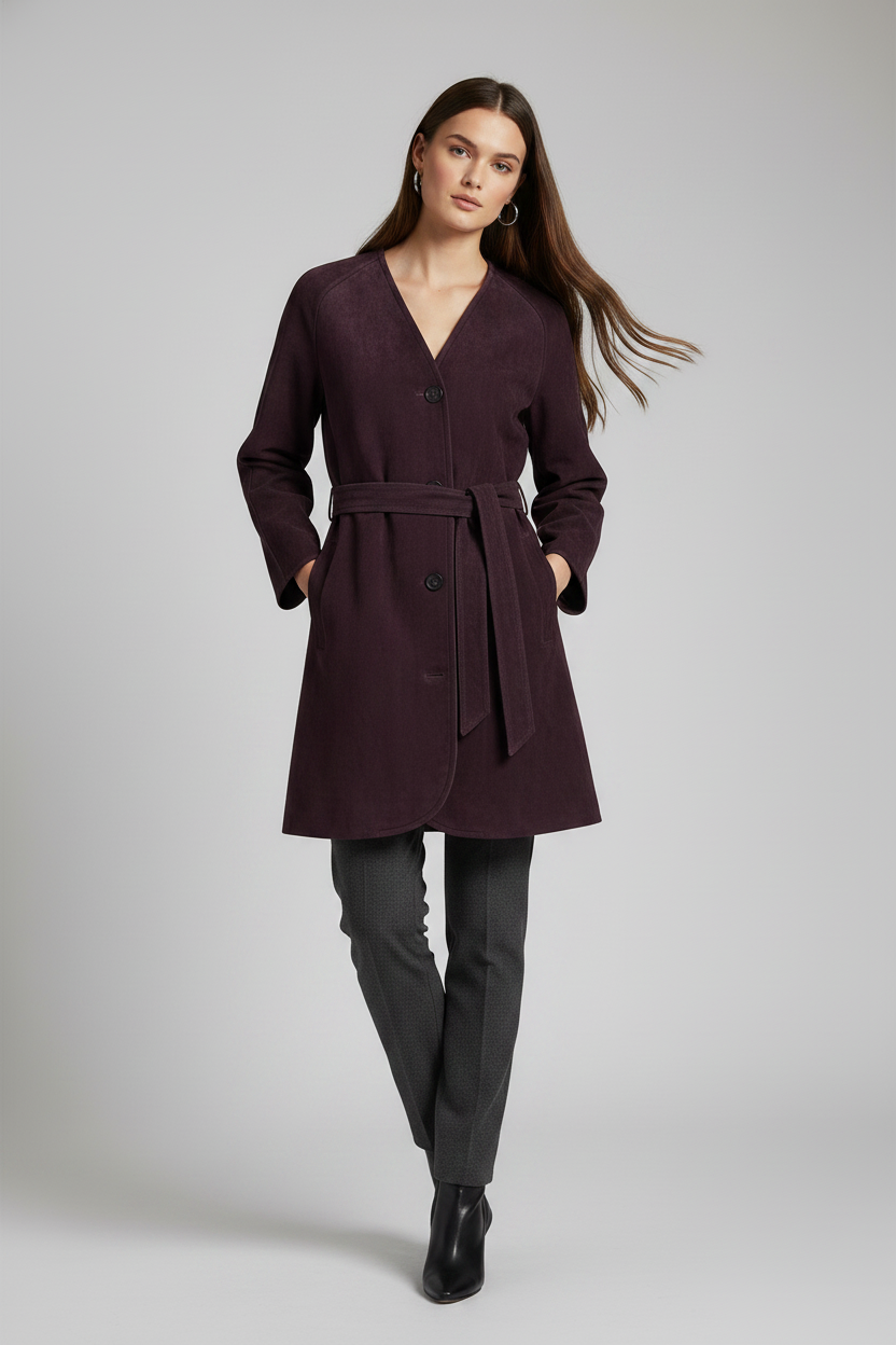 VALENTINE - Long V-Neck Suede - Plum suede trench coat, V-neck, walking shot