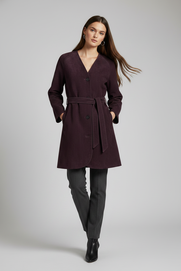 VALENTINE - Long V-Neck Suede - Plum suede trench coat, V-neck, walking shot