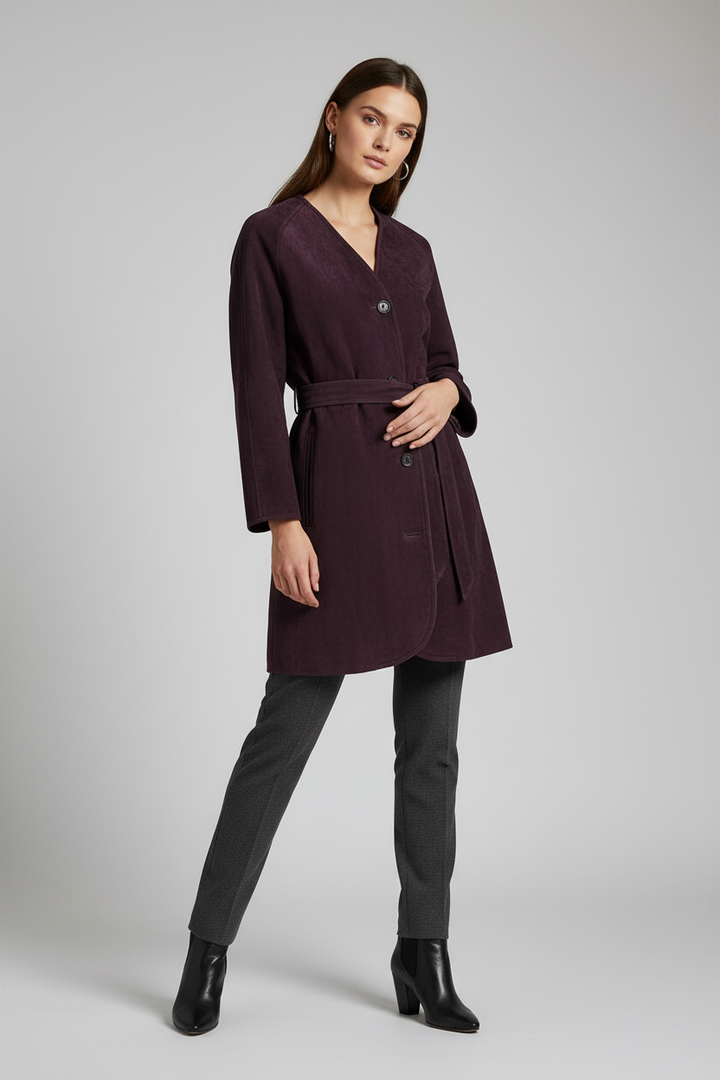 VALENTINE - Long V-Neck Suede - Plum suede V-neck trench, relaxed shot