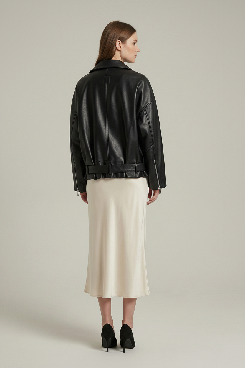 VALERIE - OVERSIZED PLEAT - black quiet luxury jacket on woman, rear view