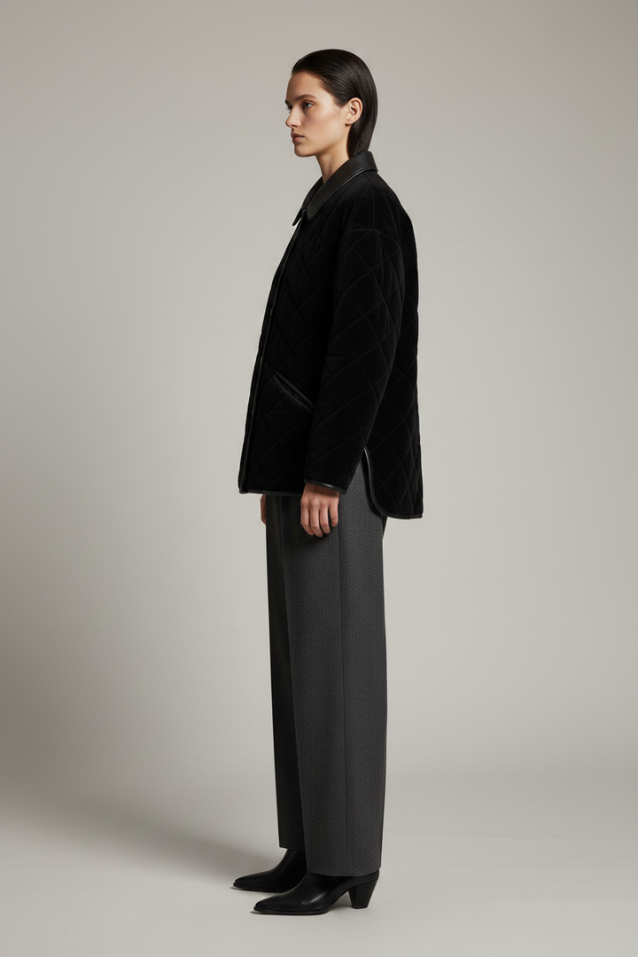 VANELIA – Luxury Goat Lea - Quilted black velvet jacket, faux leather trim, women's luxury outerwear, quiet luxury aesthetic