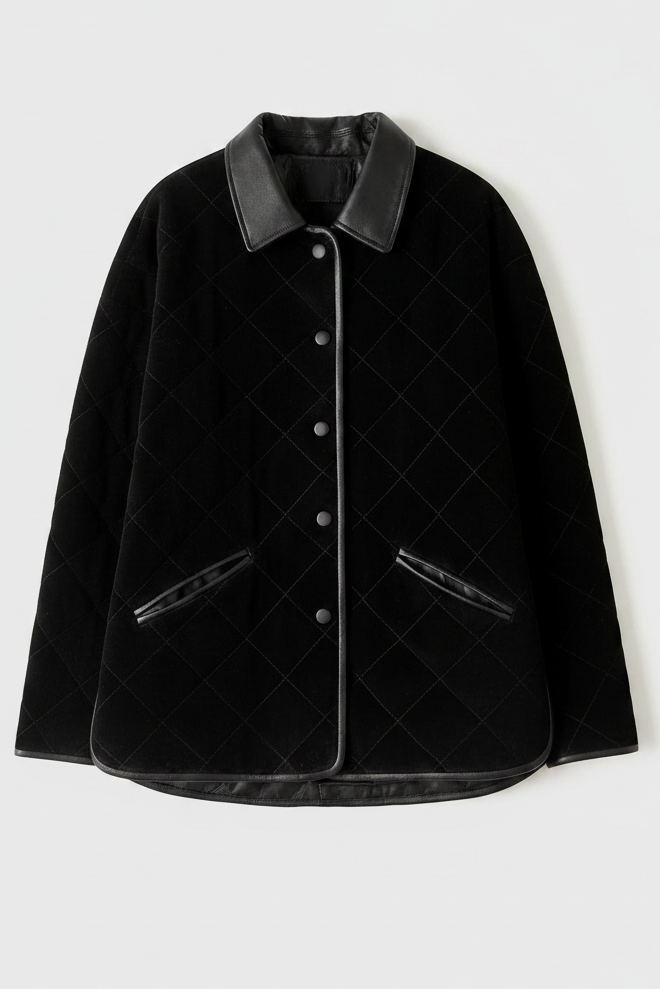 VANELIA – Luxury Goat Leather, quilted black jacket, front view, leather collar, button closure
