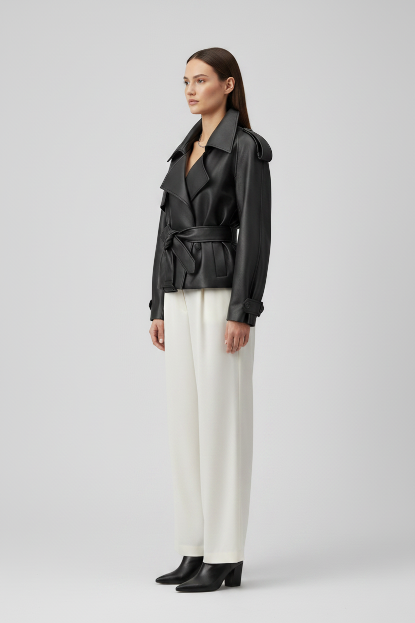 VERONIQUE - Belted Leather Jacket - Black, Self-Tie, Quiet Luxury